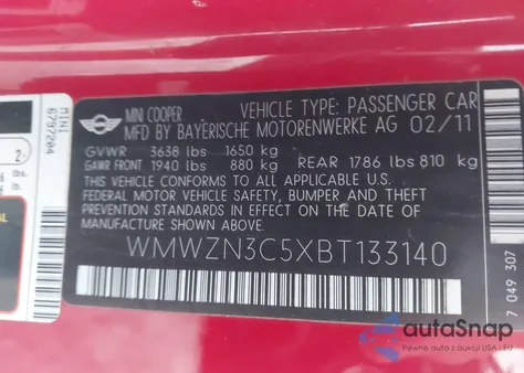 2011 Mini Cooper z USA, uszkodzony, nr VIN WMWZN3C5XBT133140